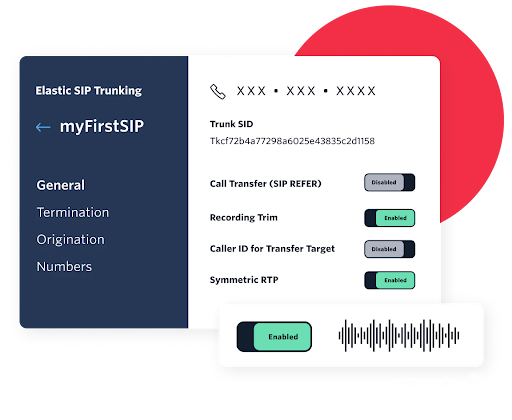Twilio’s elastic SIP trunking interface, which displays trunk settings, call transfer, and recording trim options (Source: Twilio’s SIP page)