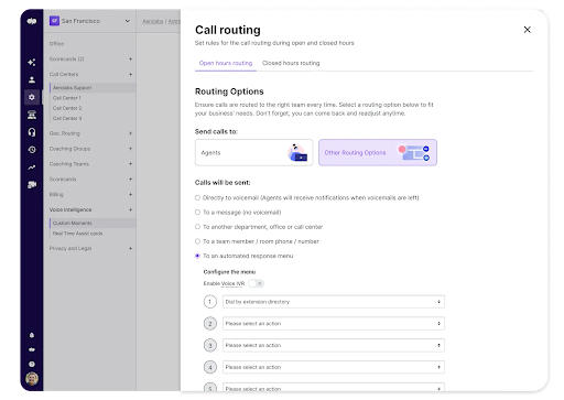 Dialpad’s call routing interface, which shows customizable routing options, an automated response menu, and voice configuration (Source: Dialpad SIP guide)