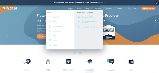 Flowroute’s website displays SIP trunking, messaging, faxing, and international communication services for businesses. (Source: Capterra's Flowroute review)