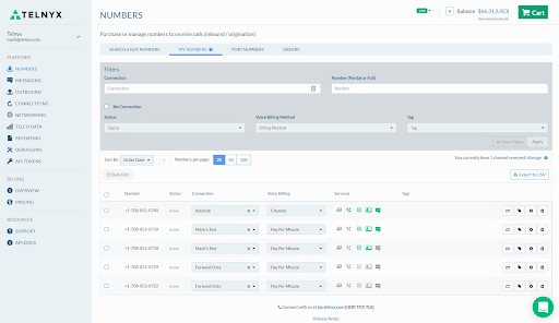 Telnyx’s dashboard displays number management, connection settings, and SIP trunking services. (Source: Capterra's Telnyx review page)