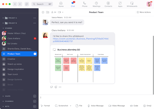 Zoom’s UCaaS interface shows a conversation between two product team members sharing business planning files (Source: Zoom)