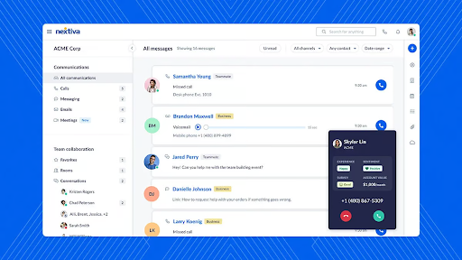 Nextiva’s UCaaS dashboard displays all communications and team collaboration features (Source: Nextiva’s blog)