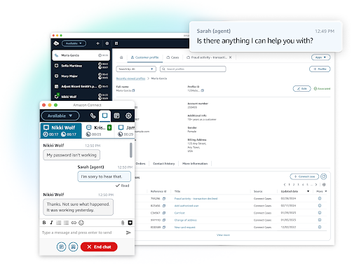 Amazon Connect’s agent interface shows live chat, a customer profile, case history, and real-time support agent interaction (Source: Amazon Connect AWS)