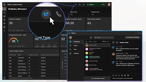 Webex Contact Center’s dashboard shows real-time agent metrics and integrated messaging (Source: Webex’s desktop app)