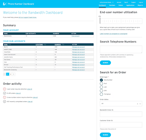Bandwidth’s dashboard displays an account summary, end-user number utilization, and order activity
