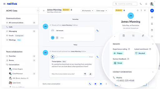 Nextiva’s call dashboard shows call logs, voicemail transcription, user insights, sentiment analysis, and contact details
