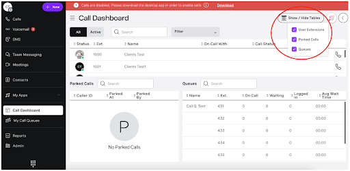 Vonage’s call dashboard displays active and parked calls, queues, and a toggle to show or hide tables (Source: Vonage business support page)
