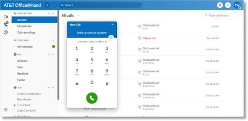 AT&T Office@Hand interface showing call history, voicemail, texts, and a dial pad (Source: AT&T Business Support Page)