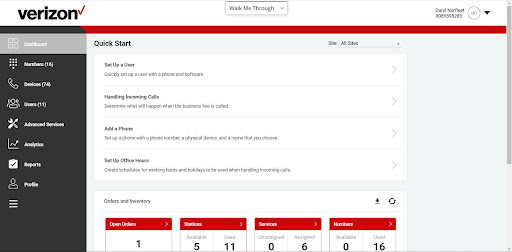 Verizon dashboard showing quick start setup options, user info, and order inventory stats (Source: Verizon Support Page)