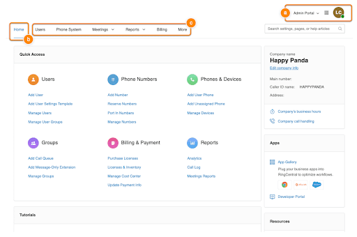 RingCentral’s admin portal dashboard provides quick access to users, billing, reports, and company details (Source: RingCentral’s support page)