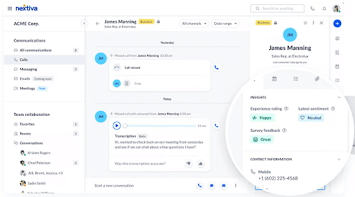 Nextiva’s call dashboard shows call logs, voicemail transcription, user insights, sentiment analysis, and contact details (Source: Nextiva’s blog)